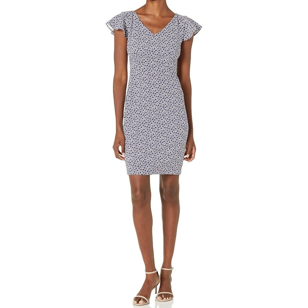 Lark & Ro Women's Ditsy Floral Flutter Cap Sleeve Double V Neck Sheath Dress 4